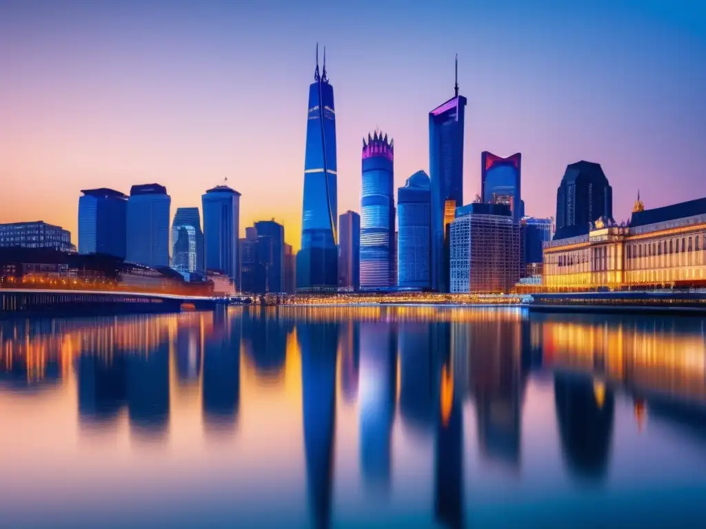 Ciudad vibrante al atardecer: fusión de arquitectura tradicional y moderna Ciudad al anochecer: arquitectura tradicional y rascacielos, reflejo del progreso y la revolución digital en mercados emergentes
