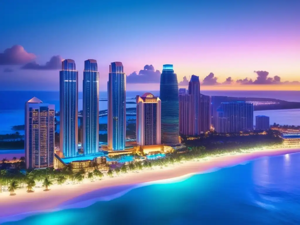 Ciudad cosmopolita y resort de lujo en atardecer Ciudad al atardecer con rascacielos iluminados y complejo vacacional en la playa - Inversión propiedades vacacionales economía global