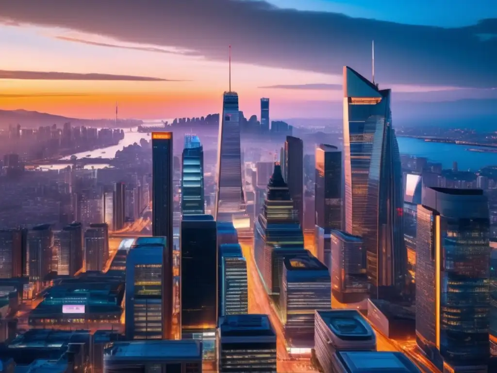 Ciudad vibrante al atardecer con rascacielos modernos Ciudad al atardecer con rascacielos modernos y gente, autos y buses en las calles