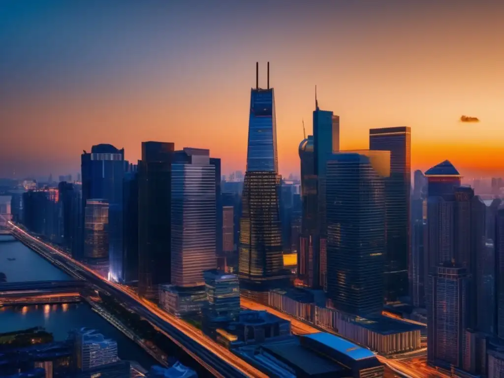 Skyline urbano en 8k al atardecer Ciudad atardecer: Rascacielos modernos, inversión y gestión de riesgos