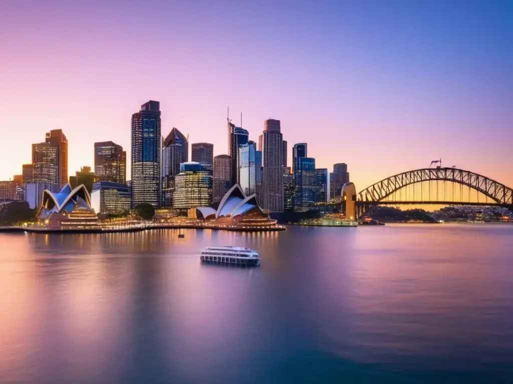 Skyline de Sydney al atardecer Ciudad de Sydney al atardecer, reflejos de rascacielos y la Ópera en la bahía