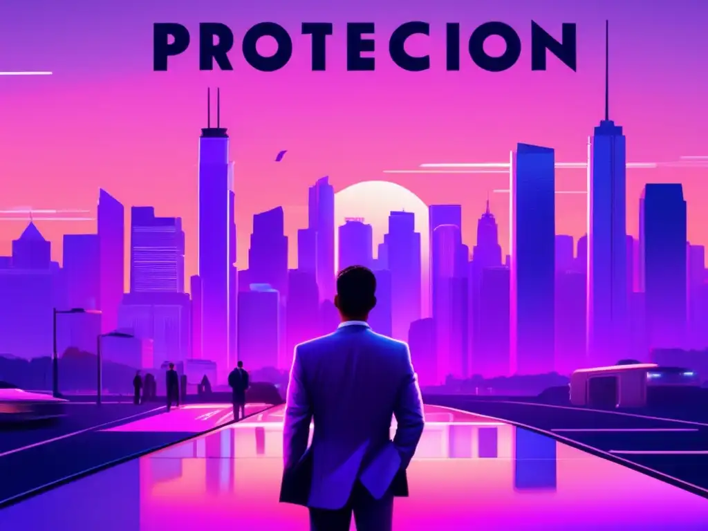 Ciudad futurista con protección financiera Ciudad al atardecer con skyline moderno, reflejos en edificios, gente y vehículos