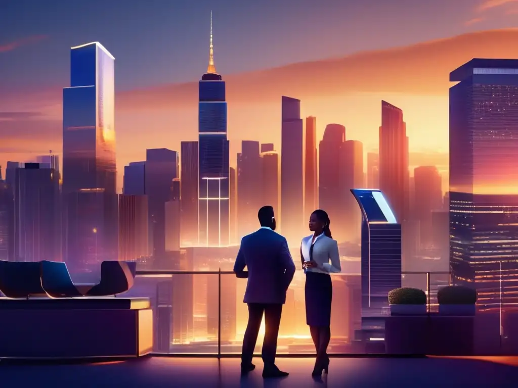 Ciudad moderna con rascacielos y actividad comercial Ciudad comercial vibrante al atardecer con rascacielos, agente inmobiliario y estrategias de venta de propiedades comerciales