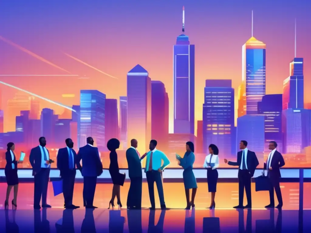 Ciudad financiera vibrante al atardecer: éxito en inversiones Ciudad contemporánea al anochecer, distrito financiero iluminado con rascacielos y profesionales discutiendo, estrategias de inversión exitosas