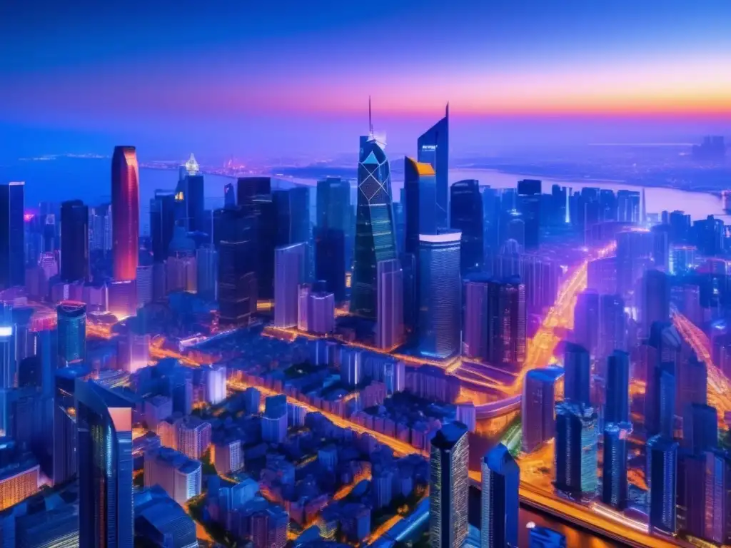 Ciudad diversa al anochecer Ciudad cosmopolita con rascacielos y luces vibrantes, reflejando estrategias de inversión internacional exitosas