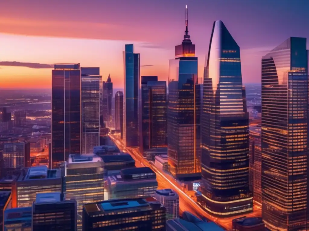 Ciudad nocturna con rascacielos iluminados Ciudad en crecimiento con edificios modernos reflejando energía y conexión de industrias (P/E)
