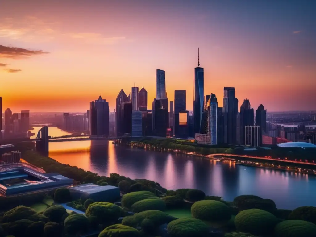 Moderna ciudad al atardecer con rascacielos iluminados Ciudad en crecimiento muestra éxito mercado inmobiliario