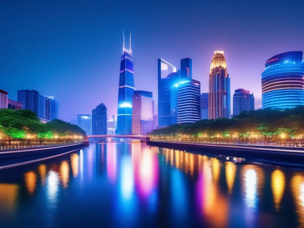Ciudad en crecimiento y desarrollo Ciudad en crecimiento con rascacielos iluminados reflejados en río