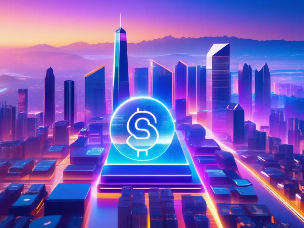 Futurista ciudad digital con rascacielos y criptomonedas Ciudad digital futurista con rascacielos de vidrio y acero, criptobillboards holográficos y comunidad cripto inclusiva