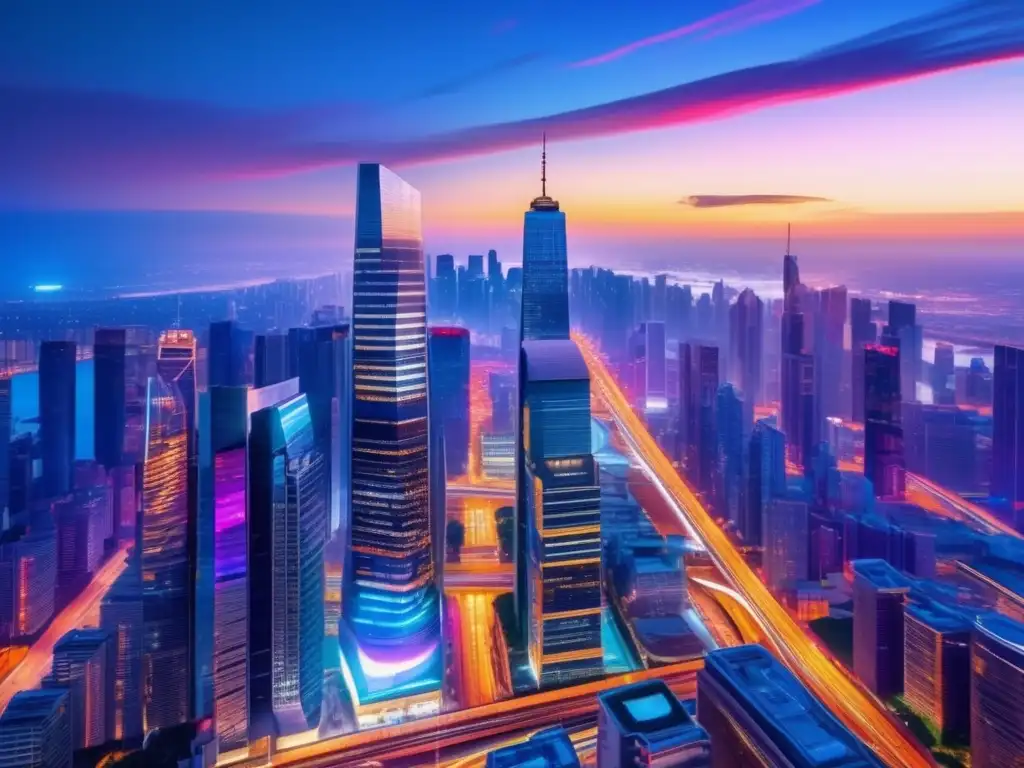 Ciudad moderna en crepúsculo Ciudad dinámica al atardecer: estrategia inversión pasiva transformadora
