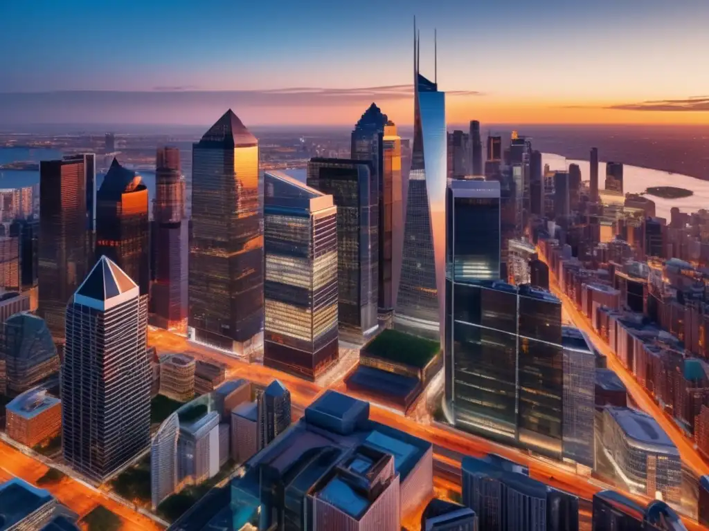 Ciudad diversa al atardecer con rascacielos y naturaleza Una ciudad diversa al anochecer, con rascacielos modernos, naturaleza exuberante y la guía para invertir en ETFs