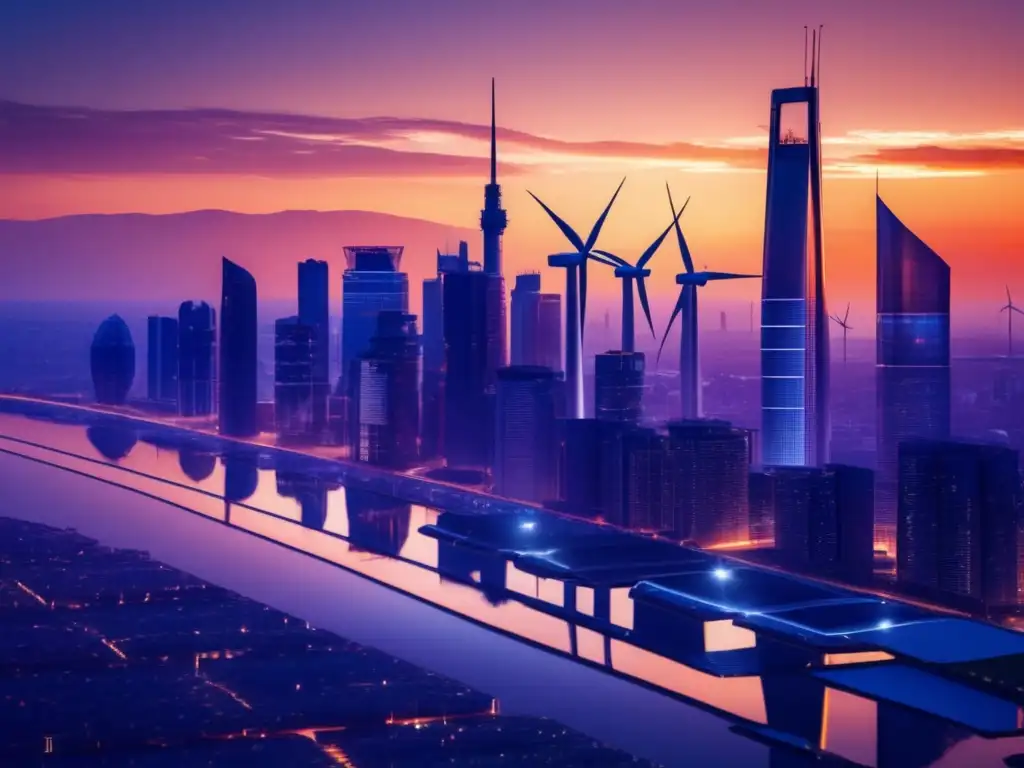 Ciudad futurista con energía renovable Ciudad energética 8K con rascacielos, energía renovable y planificación fiscal