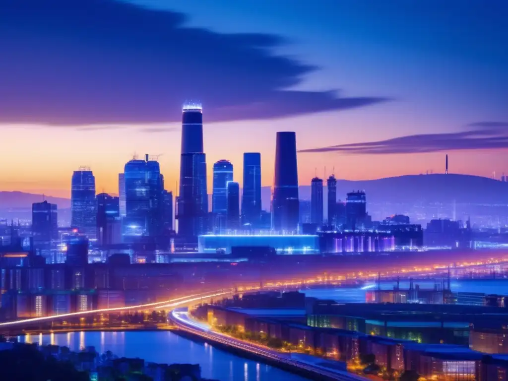 Ciudad iluminada con planta de energía moderna Ciudad con energía resiliente en crisis económicas