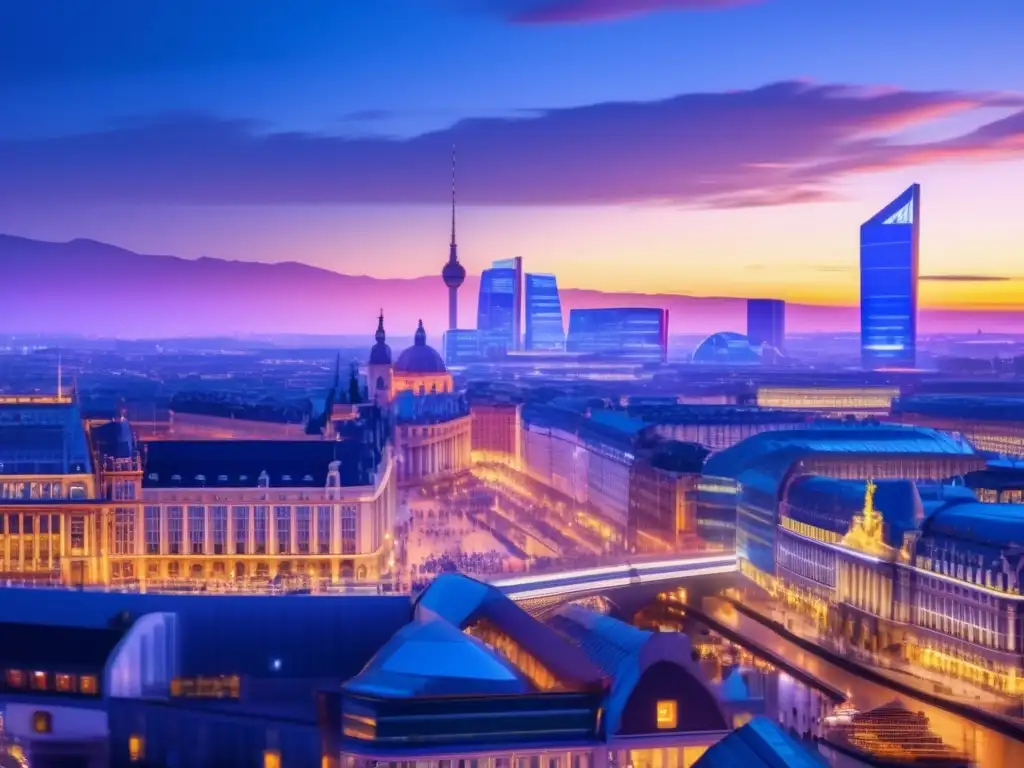 Ciudad europea vibrante al atardecer Ciudad europea al atardecer con arquitectura moderna, profesionales ocupados y bandera de la Unión Europea