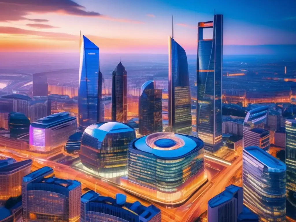 Ciudad europea al atardecer, vibrante y moderna Ciudad europea al atardecer con impacto políticas BCE en inversiones