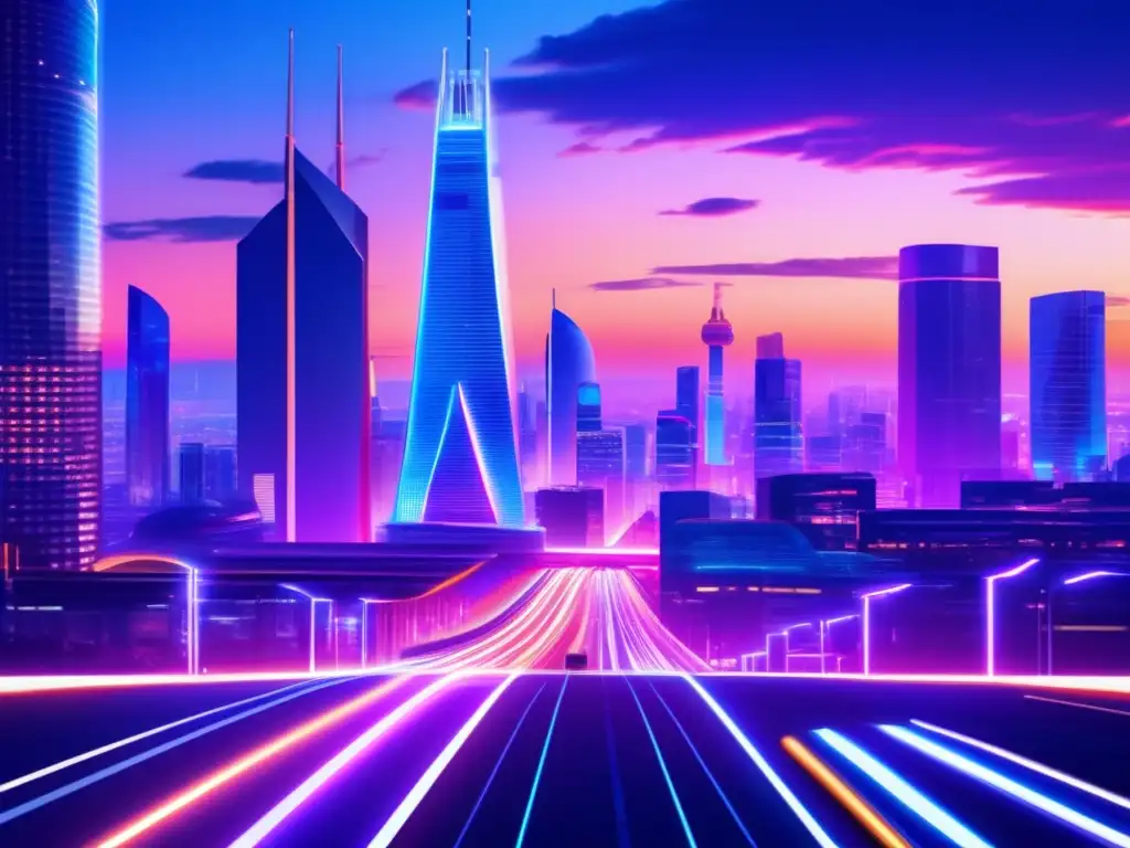 Ciudad futurista europea al atardecer Ciudad europea futurista con tecnología avanzada y sectores de inversión defensiva