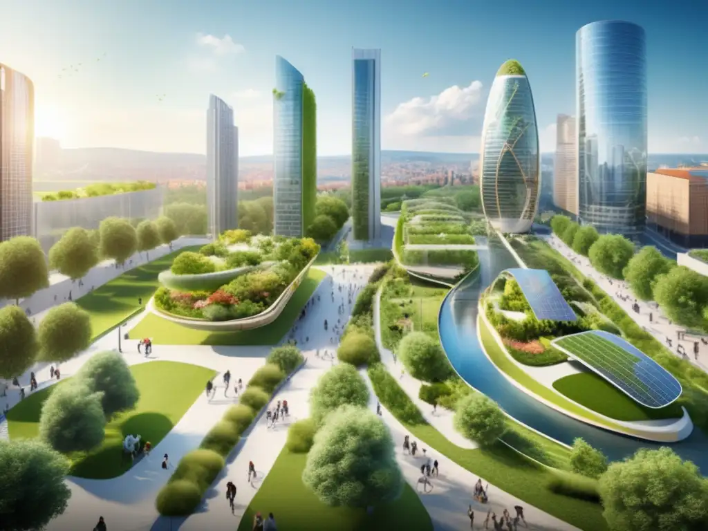 Ciudad sustentable europea: arquitectura verde y actividades al aire libre Ciudad europea moderna con arquitectura verde y actividades sostenibles