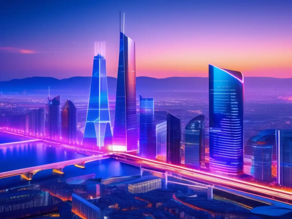 Ciudad europea futurista al atardecer, con criptomonedas conectadas Ciudad europea moderna al anochecer, con rascacielos futuristas iluminados por luces vibrantes