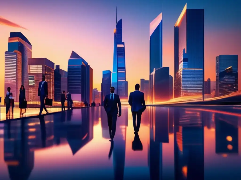 Ciudad financiera moderna al anochecer Ciudad financiera al atardecer: Estrategias de inversión para principiantes