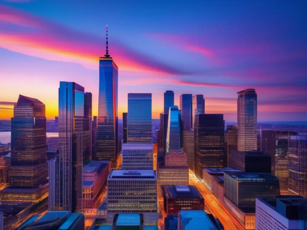 Siluetas de rascacielos en atardecer Ciudad financiera al atardecer, rascacielos silueteados en un cielo colorido