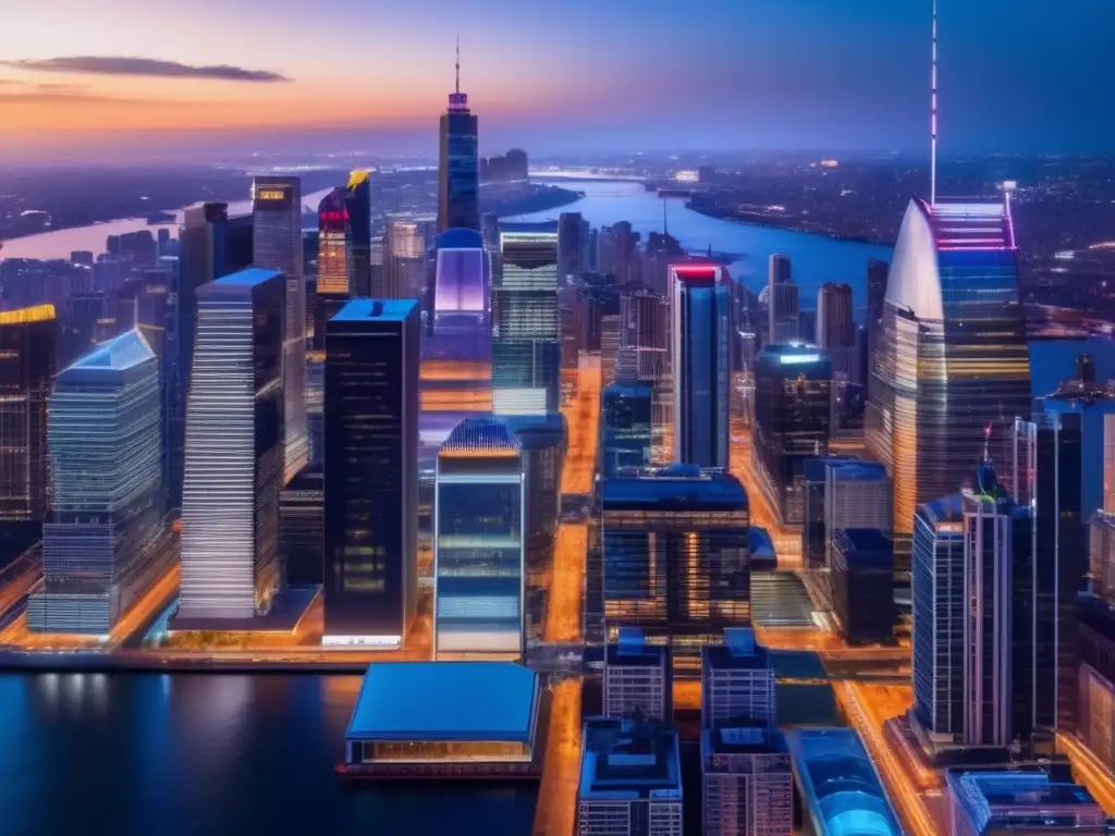 Moderna ciudad financiera de noche Ciudad financiera al atardecer con rascacielos iluminados - Consejos para mantener la cordura financiera