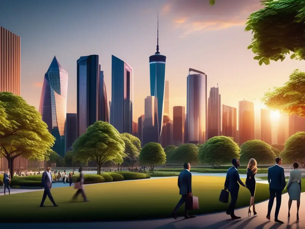 Ciudad financiera moderna al atardecer Ciudad financiera al atardecer con rascacielos modernos, parques verdes y profesionales colaborando - Fórmulas de riesgo para inversores