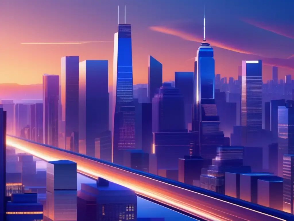 Ciudad financiera en crepúsculo: energía y dinamismo Ilustración 8K de ciudad financiera al atardecer