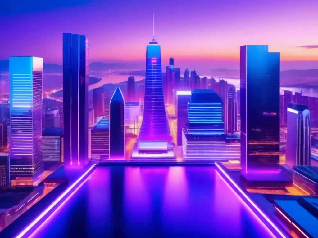 Ciudad financiera futurista al atardecer Ciudad financiera futurista al atardecer, con edificios altos y modernos, individuos conversando y pantalla digital de datos