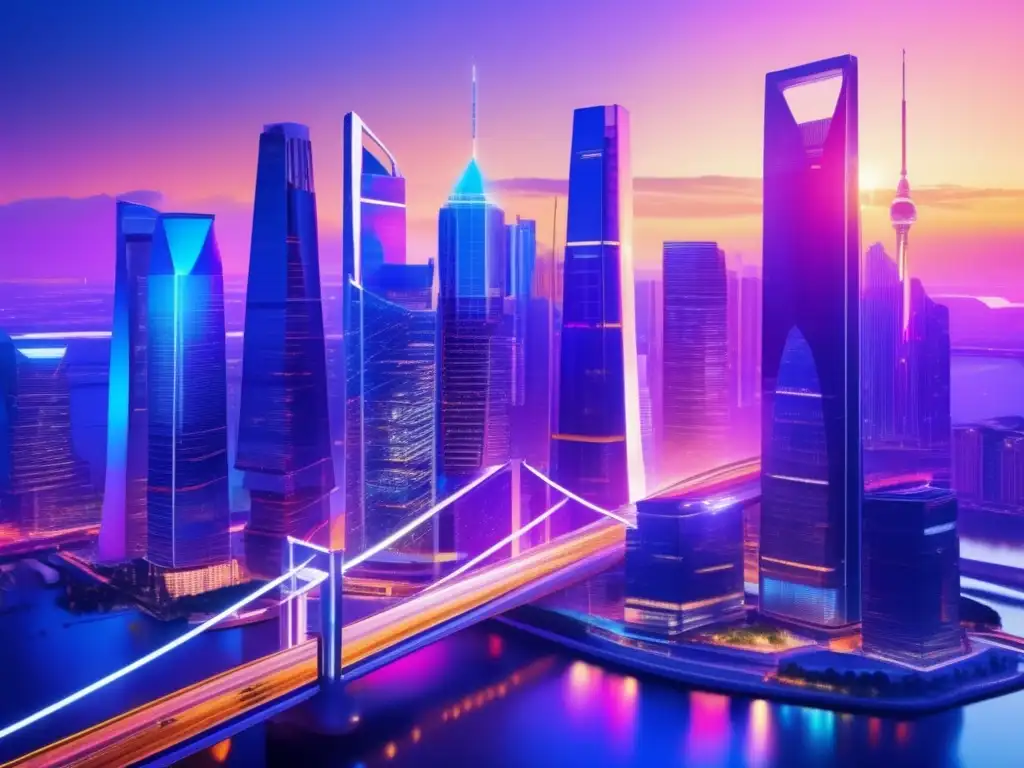Futurista ciudad financiera al atardecer Ciudad financiera futurista al atardecer con profesionales discutiendo - Cursos de análisis de riesgos financieros