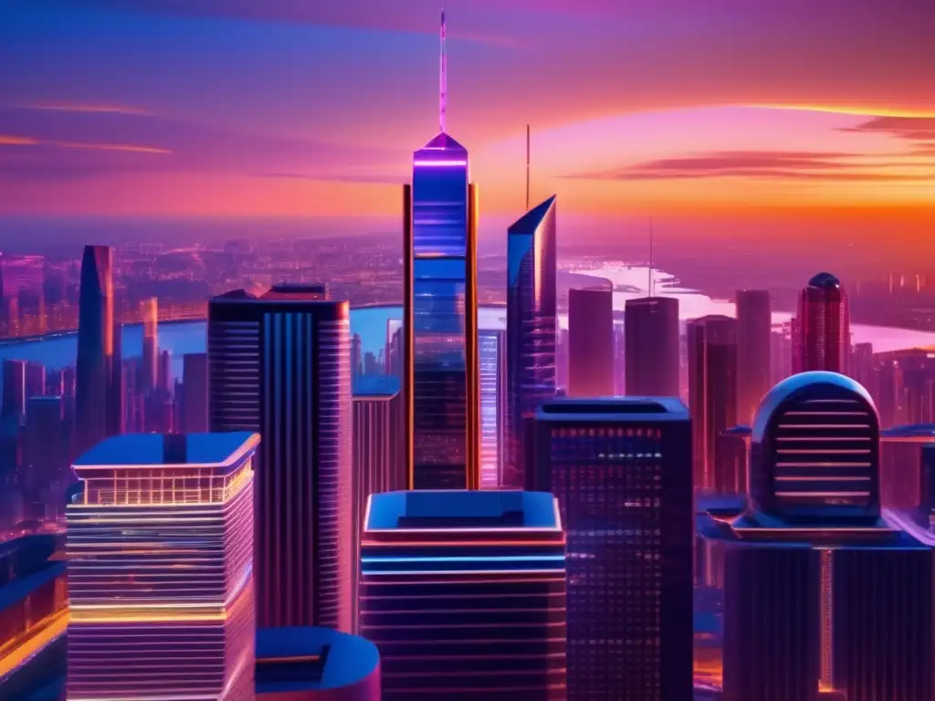 Futuro financiero en ciudad iluminada Ciudad financiera futurista al atardecer con profesionales analizando datos y destacando beneficios de los derivados en diversificación