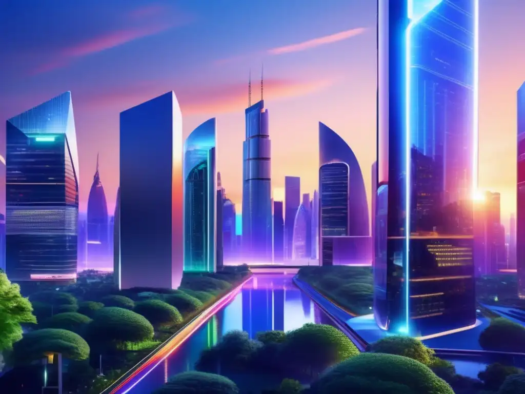 Futuro financiero sostenible Ciudad financiera futurista al atardecer con rascacielos elegantes, certificaciones sostenibles y profesionales colaborando