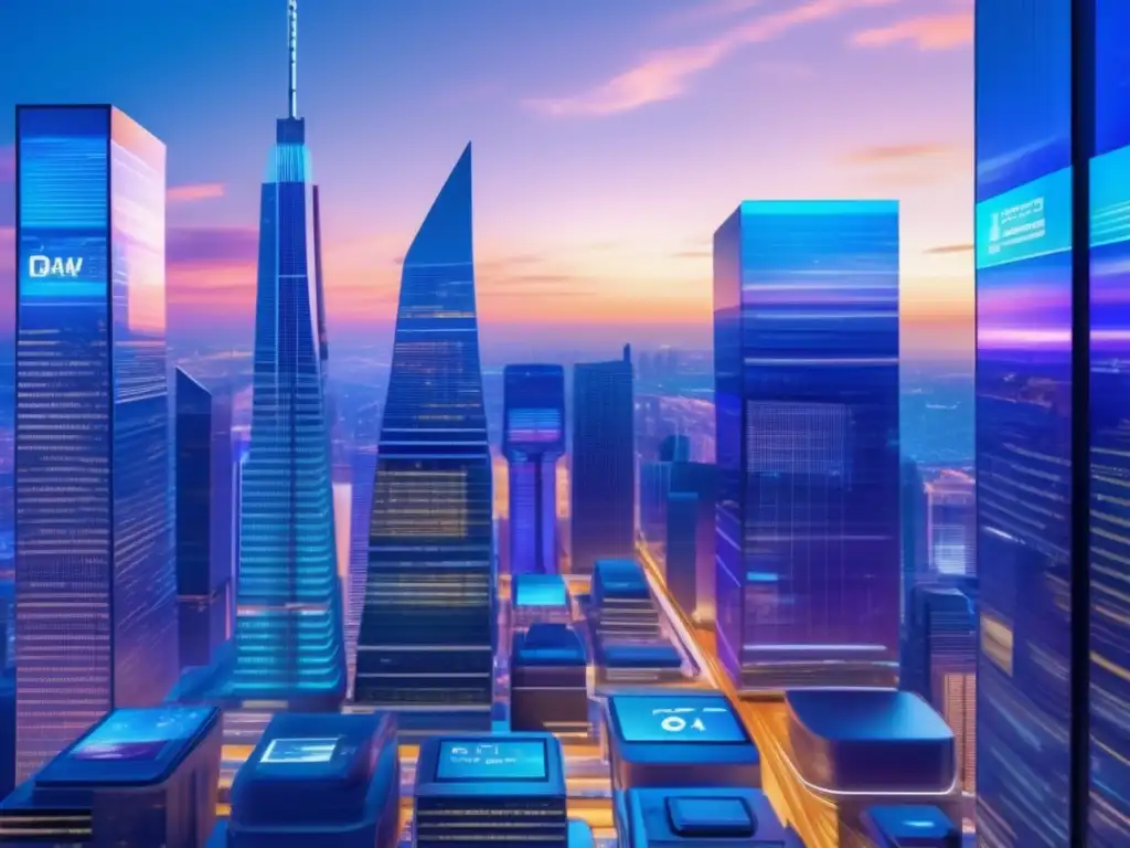 Futuro financiero: ciudad tecnológica vibrante Ciudad financiera futurista al atardecer, con rascacielos y pantallas digitales mostrando datos bursátiles y titulares