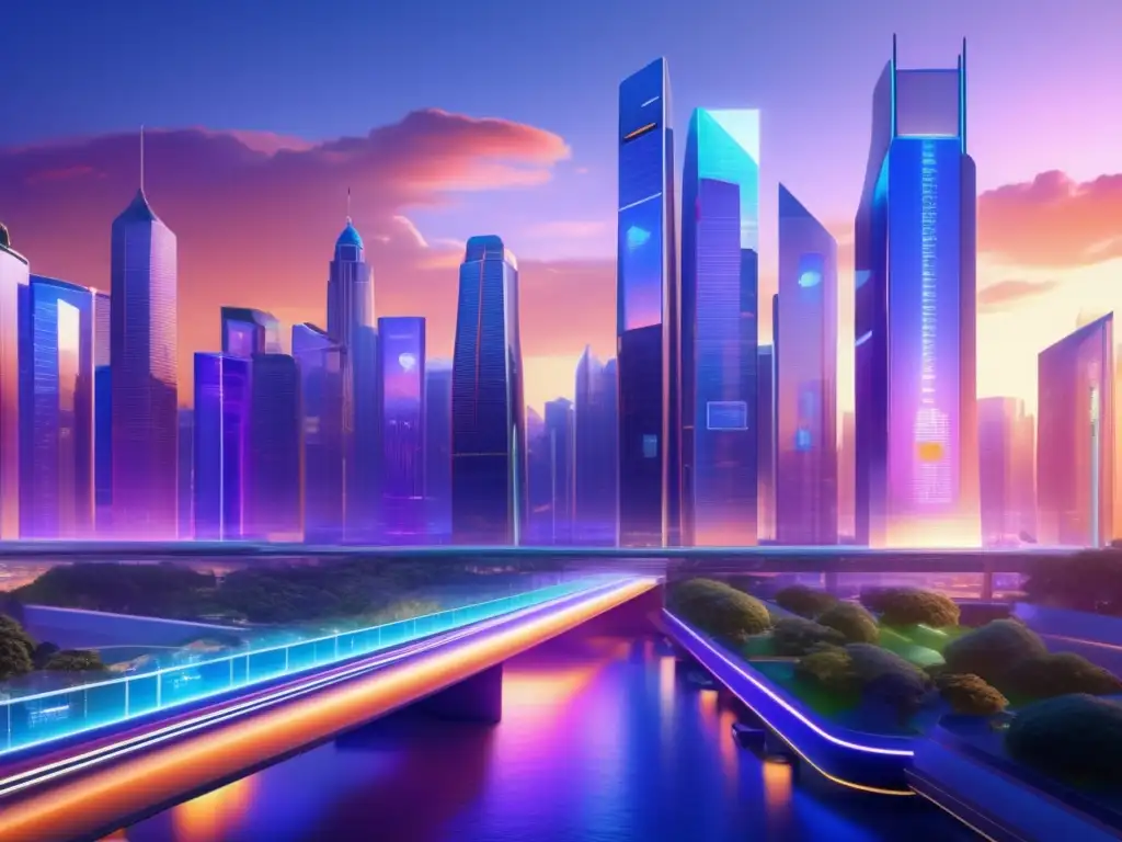 Futuristic cityscape with vibrant digital billboards Innovación fintech para invertir en una ciudad financiera futurista bañada por la luz cálida del atardecer