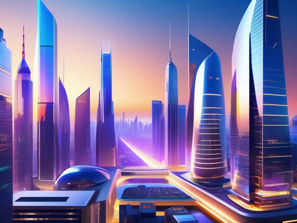 Futurista ciudad financiera con skyscrapers y tecnología avanzada Ciudad financiera futurista, rascacielos vanguardistas y vibrantes colores del atardecer