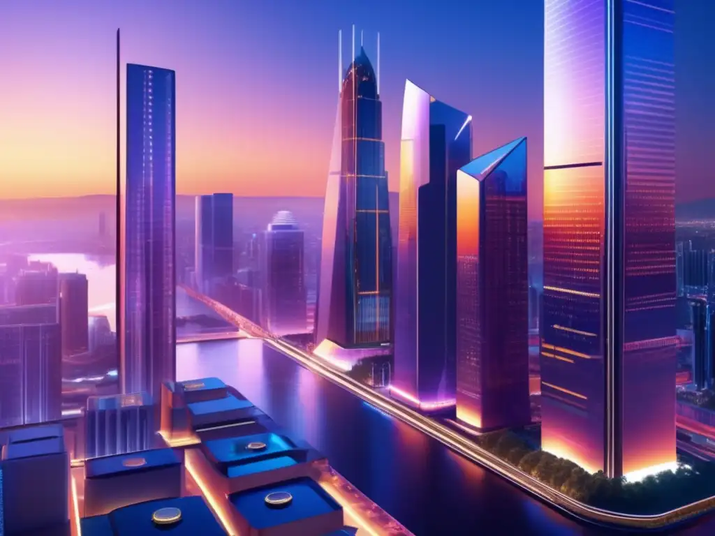 Futuro financiero: ciudad 8k impresionante Ciudad financiera futurista con rascacielos, pantallas digitales y profesionales realizando transacciones en dispositivos móviles - Comparativa roboadvisors: Betterment vs Wealthfront
