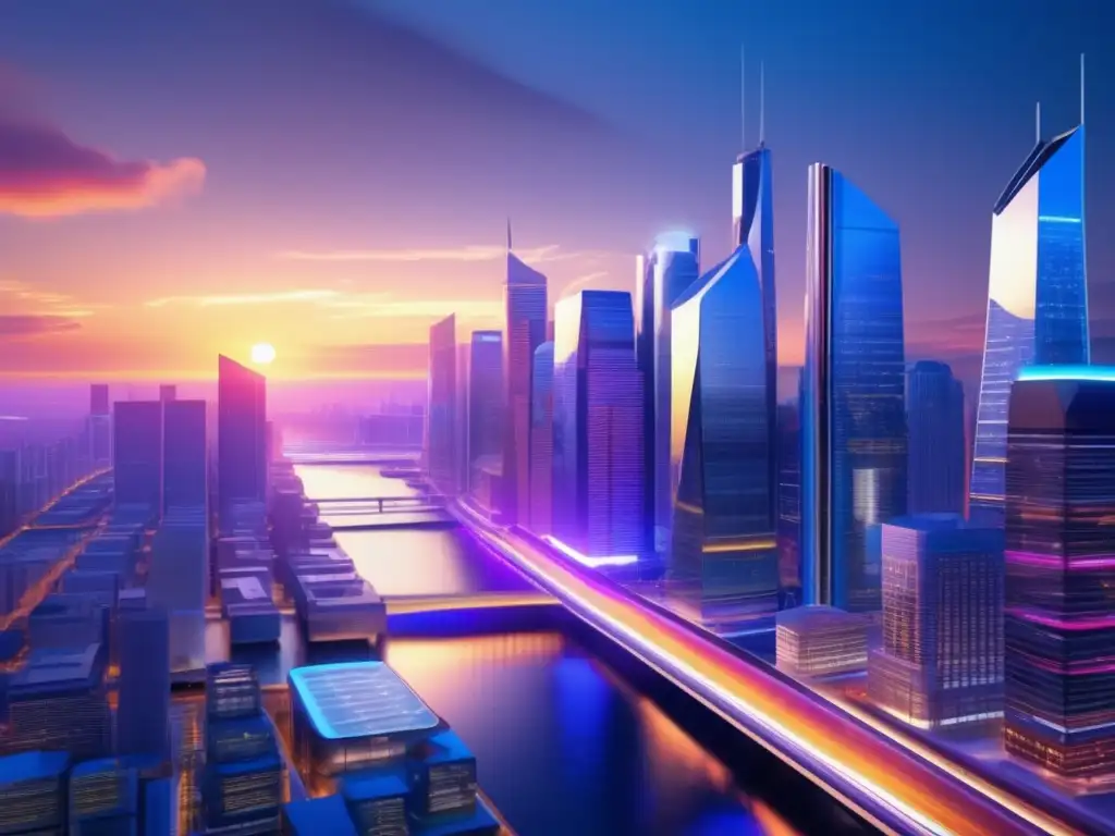 Futuro financiero: ciudad de rascacielos y profesionales Ciudad financiera futurista con rascacielos, puentes interconectados y profesionales analizando estrategias de diversificación financiera