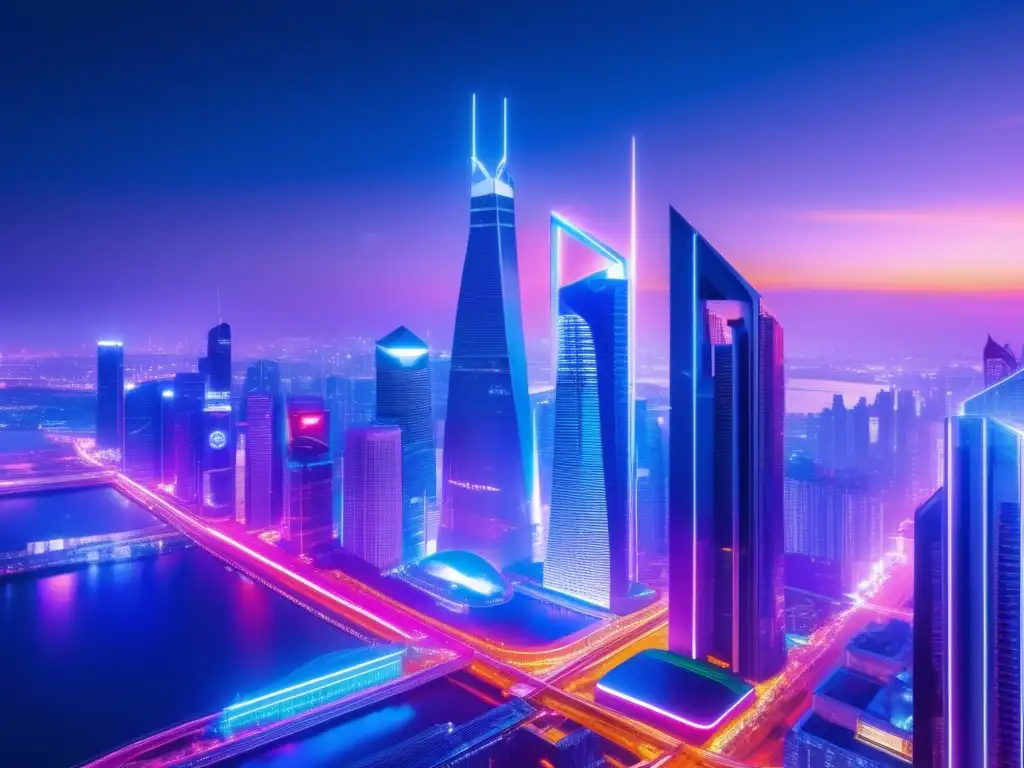 Ciudad futurista financiera Ciudad financiera nocturna con rascacielos iluminados y actividades de diversificación financiera
