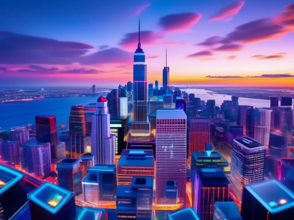 Ciudad futurista iluminada con rascacielos Ciudad financiera nocturna con rascacielos: Estrategias de diversificación financiera