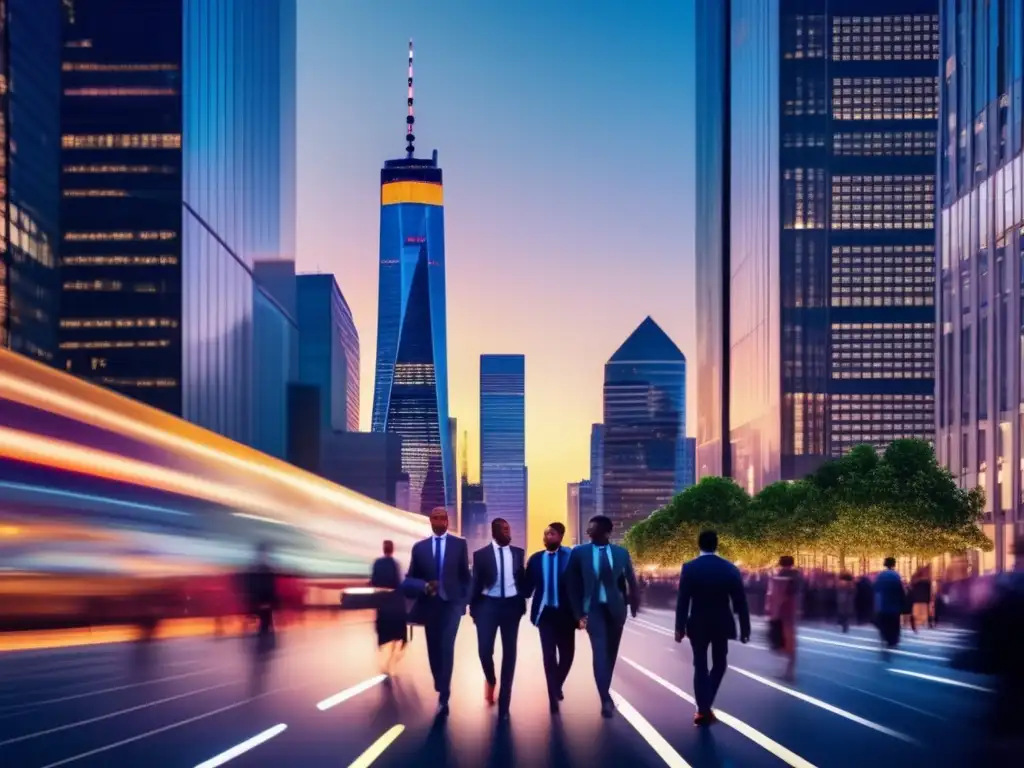 Ciudad moderna al atardecer Ciudad financiera con rascacielos iluminados por luces vibrantes, reflejando la modernidad