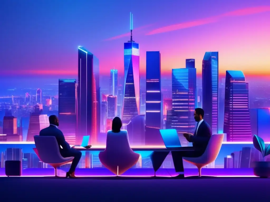 Ciudad financiera vibrante y dinámica Ciudad financiera con rascacielos iluminados por luces de neón, profesionales discutiendo y estrategia de diversificación financiera y noticias