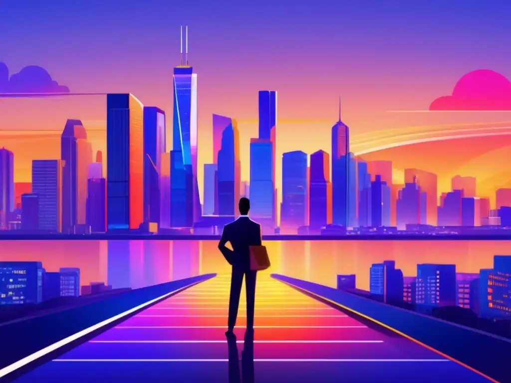 Ciudad financiera moderna al atardecer con figuras y gráficos Ciudad financiera con rascacielos, inversiones y regla 72