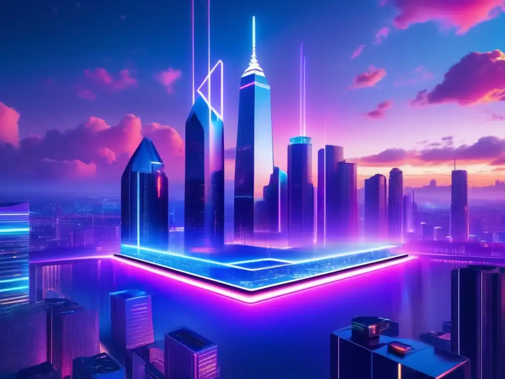 Algorand: Ciudad futurista con rascacielos de vidrio y acero Futuroscopio en 8k de ciudad flotante, con rascacielos de vidrio y acero, rodeada de nubes
