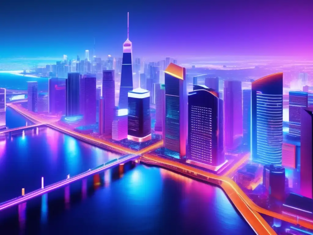 Ciudad futurista: volatilidad y movimiento en activos digitales Ciudad futurista con activos digitales volátiles y gráficos de criptomonedas en tiempo real