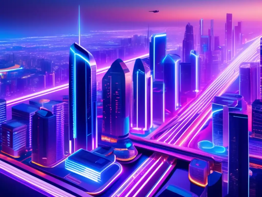 Futuroso paisaje urbano iluminado por luces de neón Ciudad futurista con altcoins de mayor potencial 2023