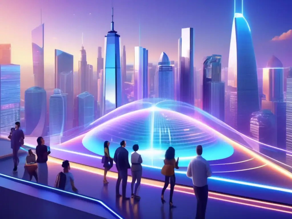 Futurista ciudad con hologramas y discusión colaborativa en EOS Ciudad futurista con aplicaciones descentralizadas EOS