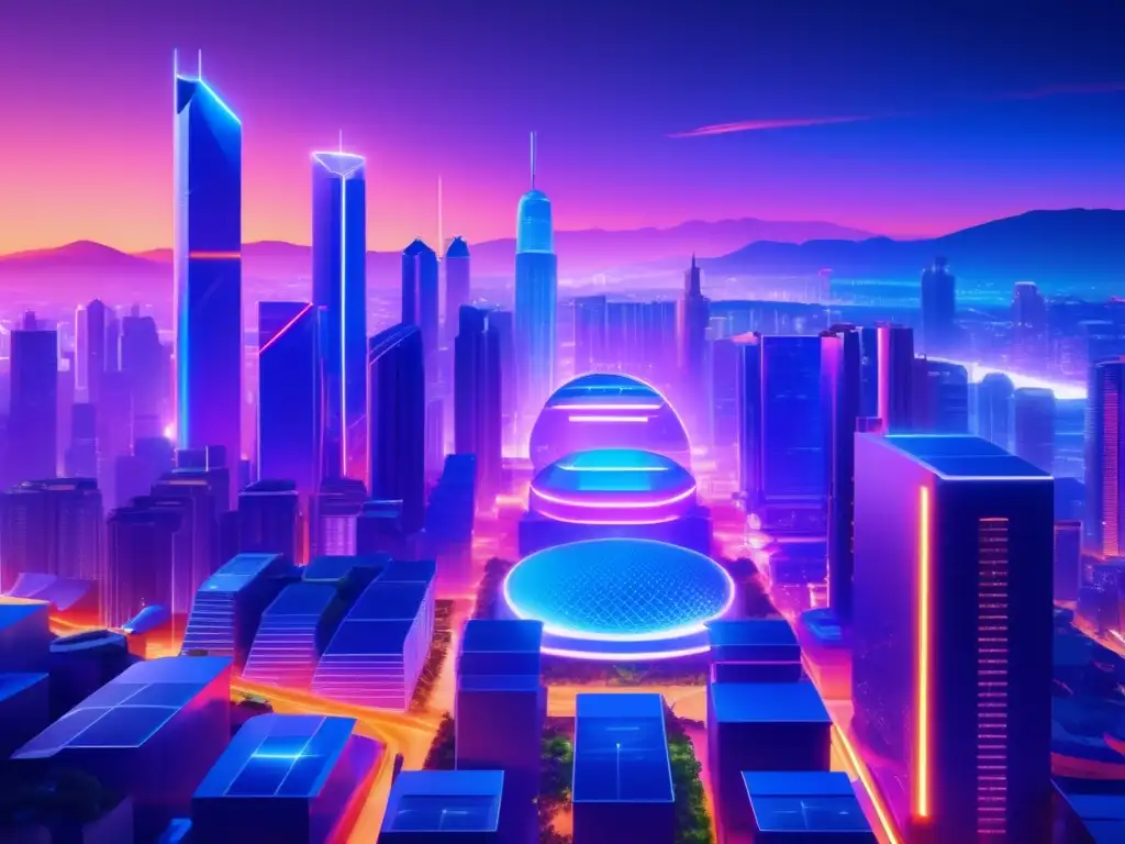Ciudad futurista y sostenible con energía eficiente Ciudad futurista con arquitectura moderna, naturaleza y eficiencia energética en criptomonedas
