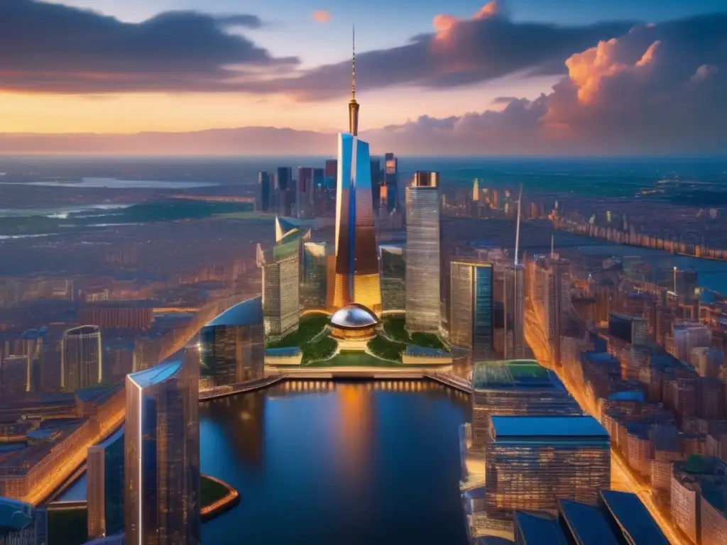 Futurista ciudad con rascacielos majestuosos Ciudad futurista con arquitectura moderna y regulación de ICOs y criptomonedas