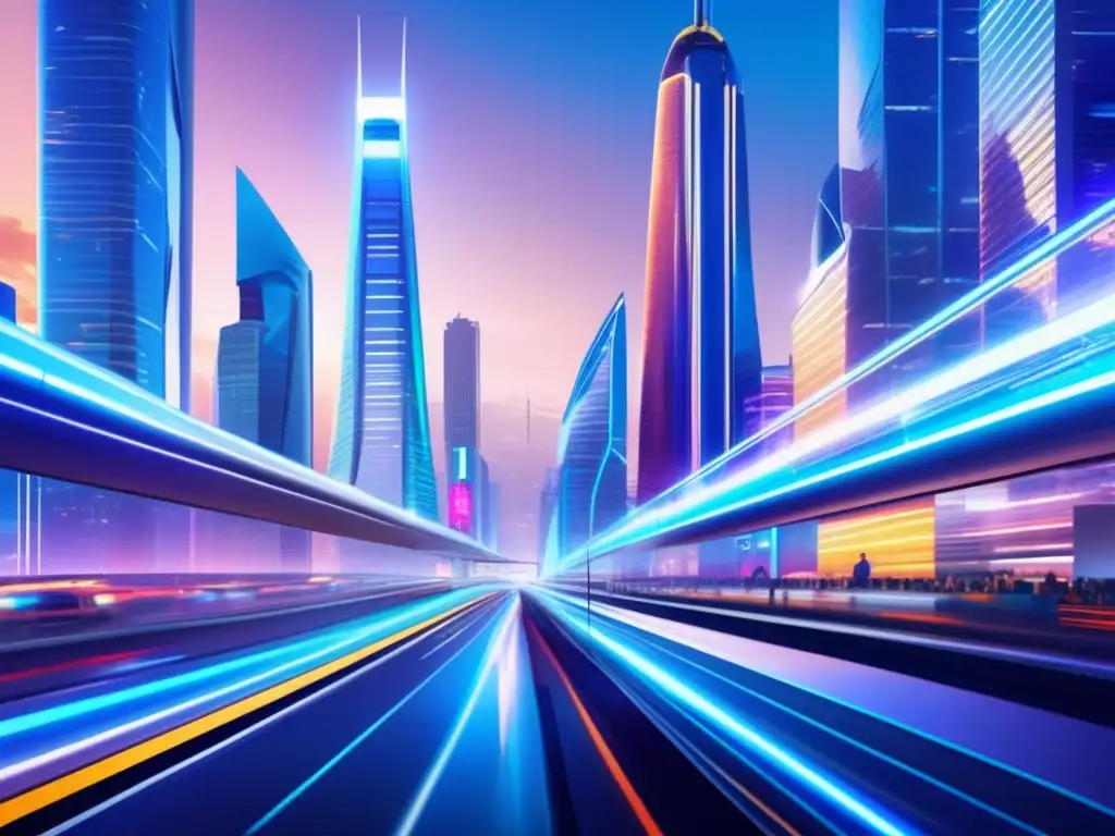 Ciudad futurista con diversidad y tecnología Ciudad futurista con arquitectura moderna, transporte avanzado y diversidad demográfica
