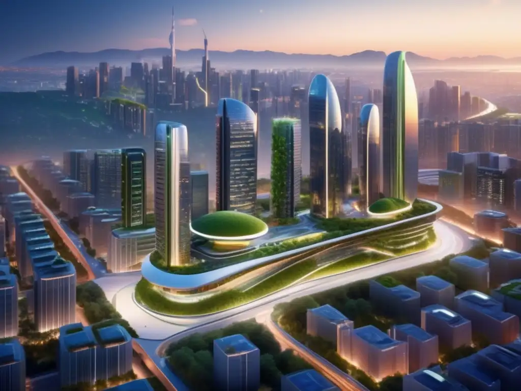 Futurista ciudad ecológica con arquitectura innovadora Ciudad futurista con arquitectura sostenible y opciones de financiamiento inmobiliario innovadoras