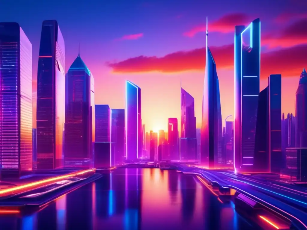 Ciudad futurista al atardecer Ciudad futurista al atardecer con arquitectura moderna y luces de neón